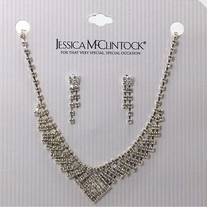 Jessica McClintock, Rhinestone Necklace And Earring Set, Silver, Studs, NOC